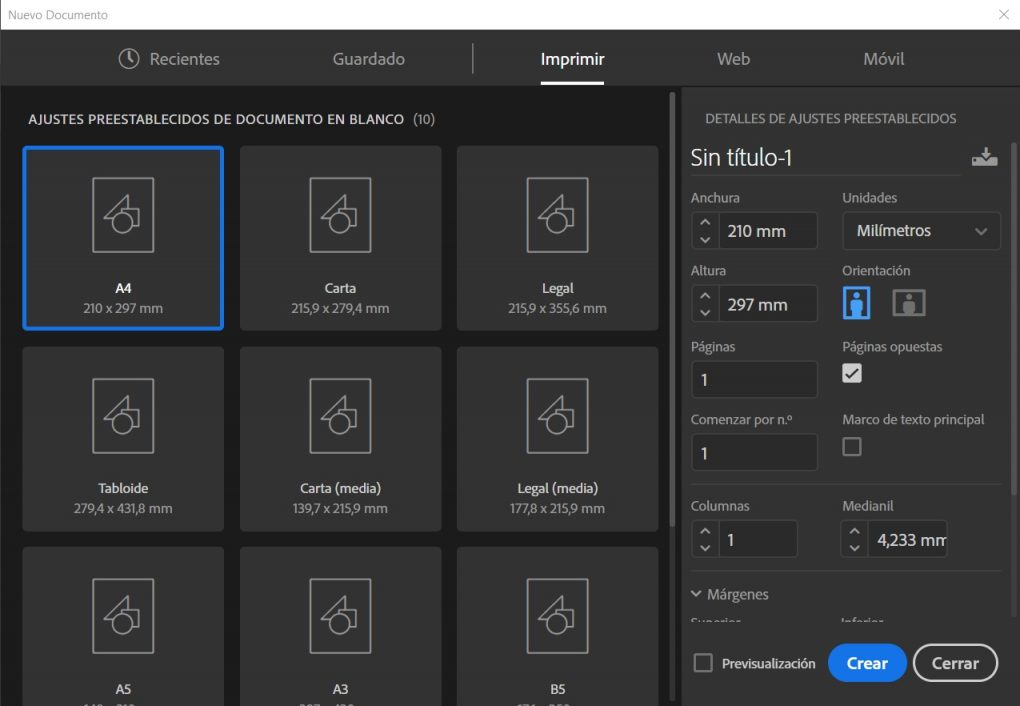 Crear documento Indesign para saber cómo maquetar un libro en Indesign