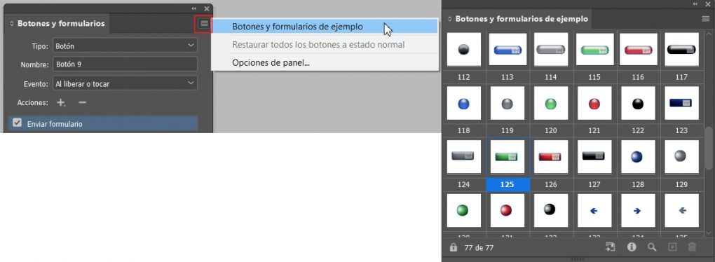 Panel botones y formularios de ejemplo como crear documentos interactivos en Indesign