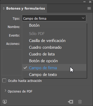 seleccionar campo de firma documentos interactivos indesign